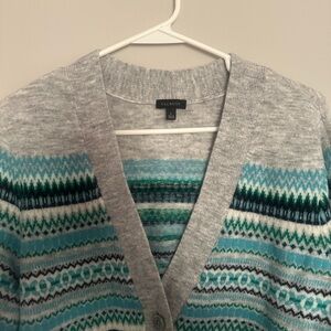 Talbots Gray Sweater Cardigan with Aqua and Teal Fair Isle